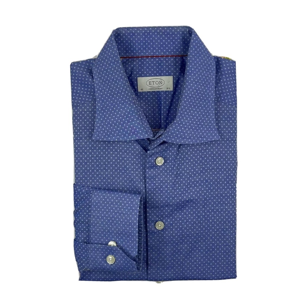 ETON Blue White Grid Checked Cotton Mens Button Front Shirt 42 16.5 Contemporary